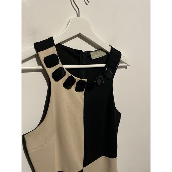 Black & Cream GREAT Detailed Color Blocked Sheath Dress With Stones - Picture 3 of 6